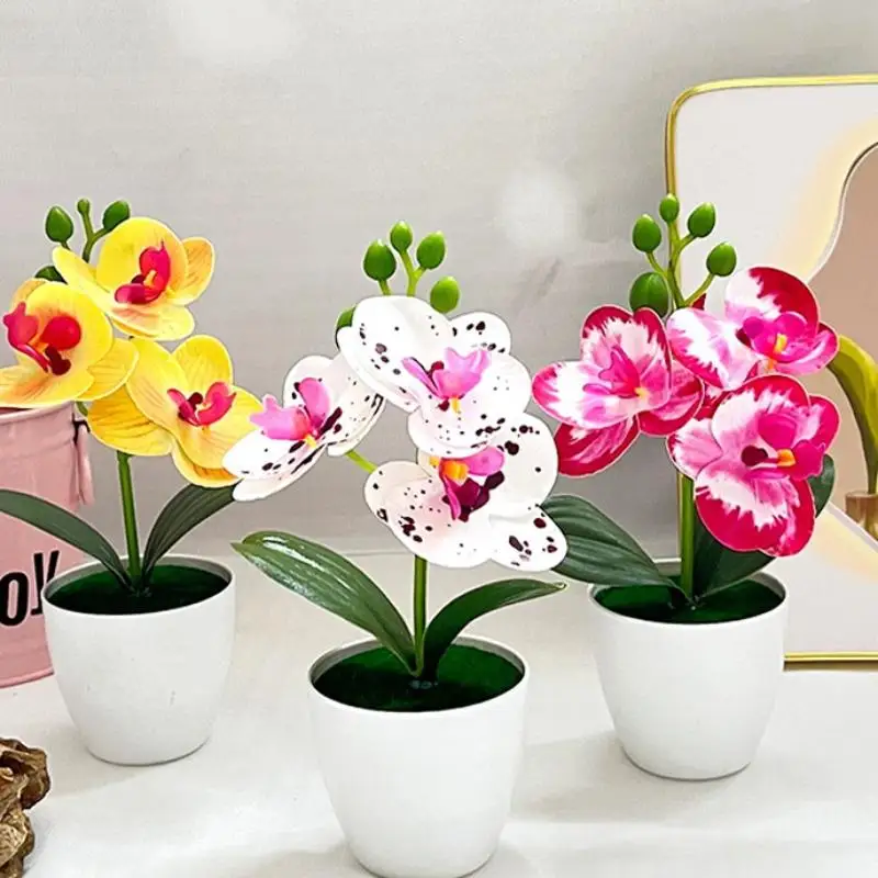 1pc Artificial Orchid Potted Plant 3 Heads Mini Phalaenopsis Fake Flower Plastic Desktop Ornament Home Living Room Decoration