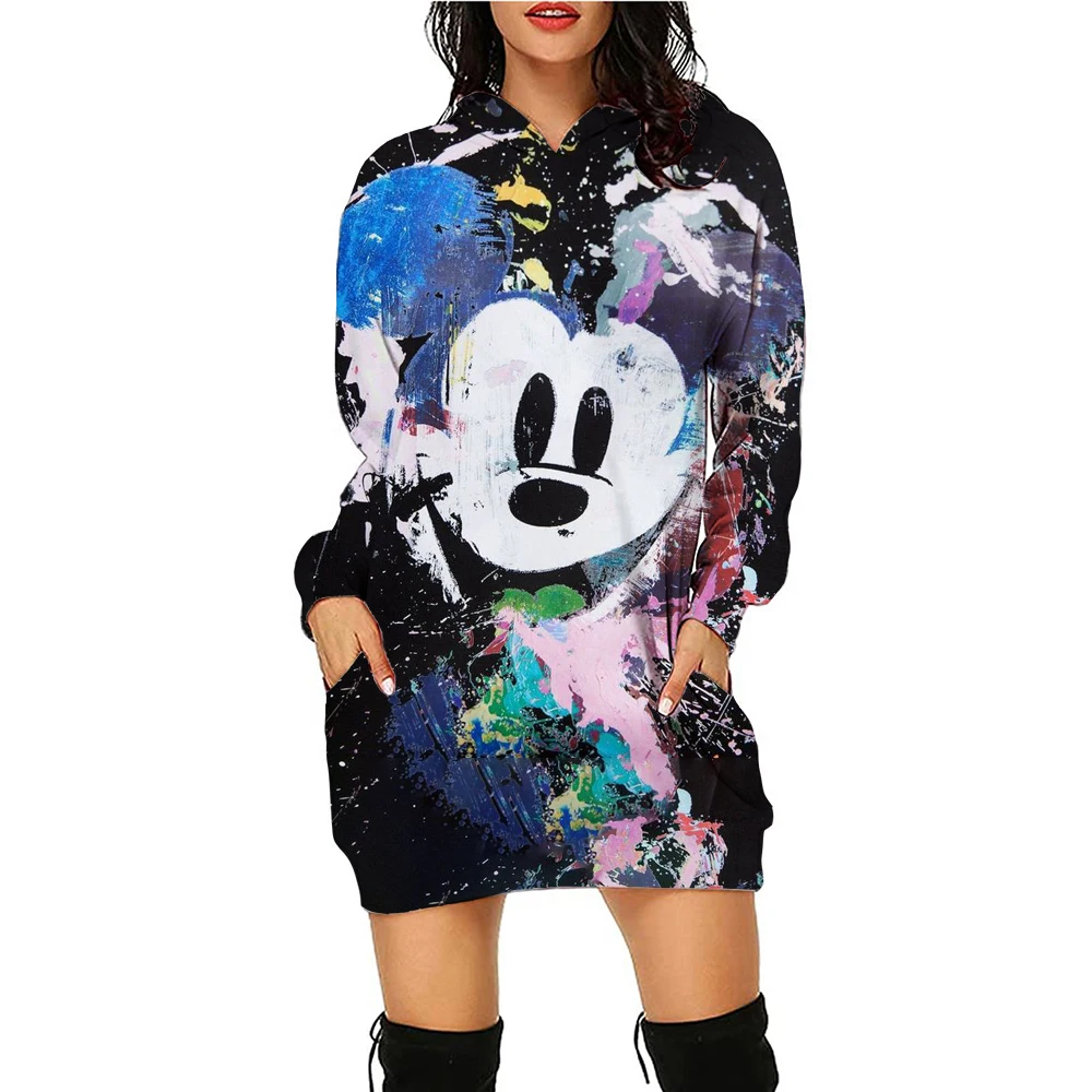 New Disney Series Mickey Mouse Minnie Hoodie Print Hooded Sweater Dress Casual Street Style Ladies Warm Sweater Dress