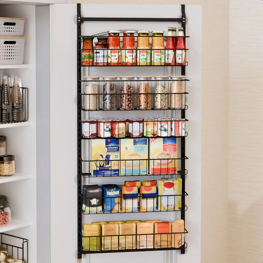 

6Tier Over the Door Pantry Organizer Metal Hanging Spice Rack Storage Shelves with Adjustable Baskets for Kitchen Black