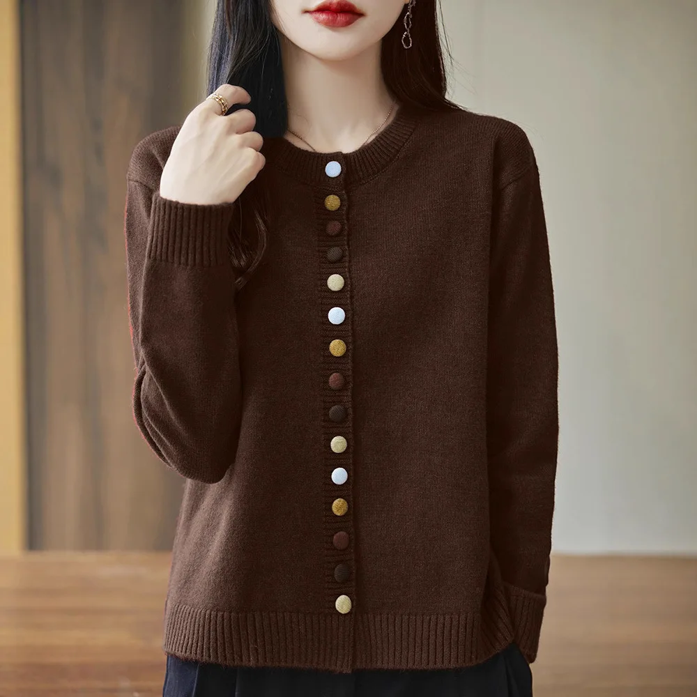 

Модный женский жакет-кардиган с круглым вырезом, стильная свободная и универсальная трикотажная верхняя одежда с яркими пуговицами