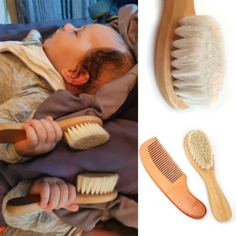 Nouveau soin du bébé Pure laine naturelle bébé brosse en bois peigne brosse bébé brosse à cheveux nouveau-né brosse à cheveux infantile peigne tête masseur