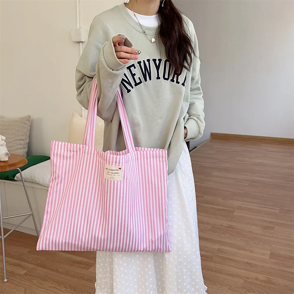 Simple Stripe Women\'s Shoulder Bag Large Capacity Girls Travel Vest Bag Book Handbags Portable Female Shopping Bags Zipper Tote