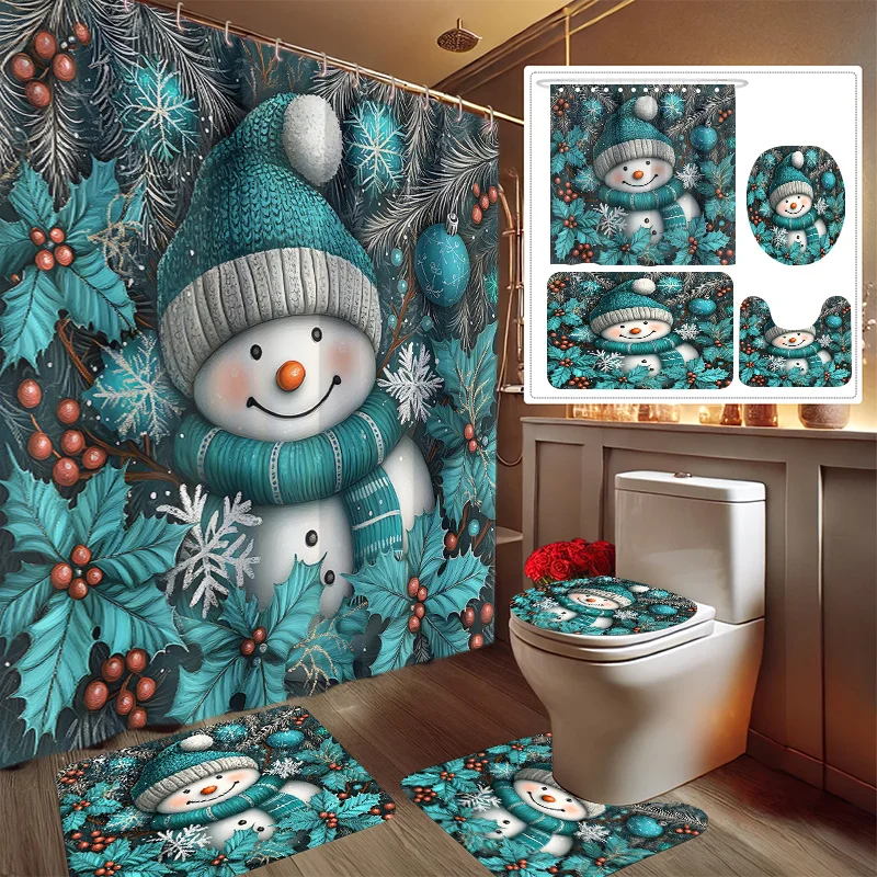 4PCS Blue Snowman Bathroom Set – Shower Curtain Non-Slip Mat Toilet Seat Cover Rug 12 Plastic Hooks Home Decor