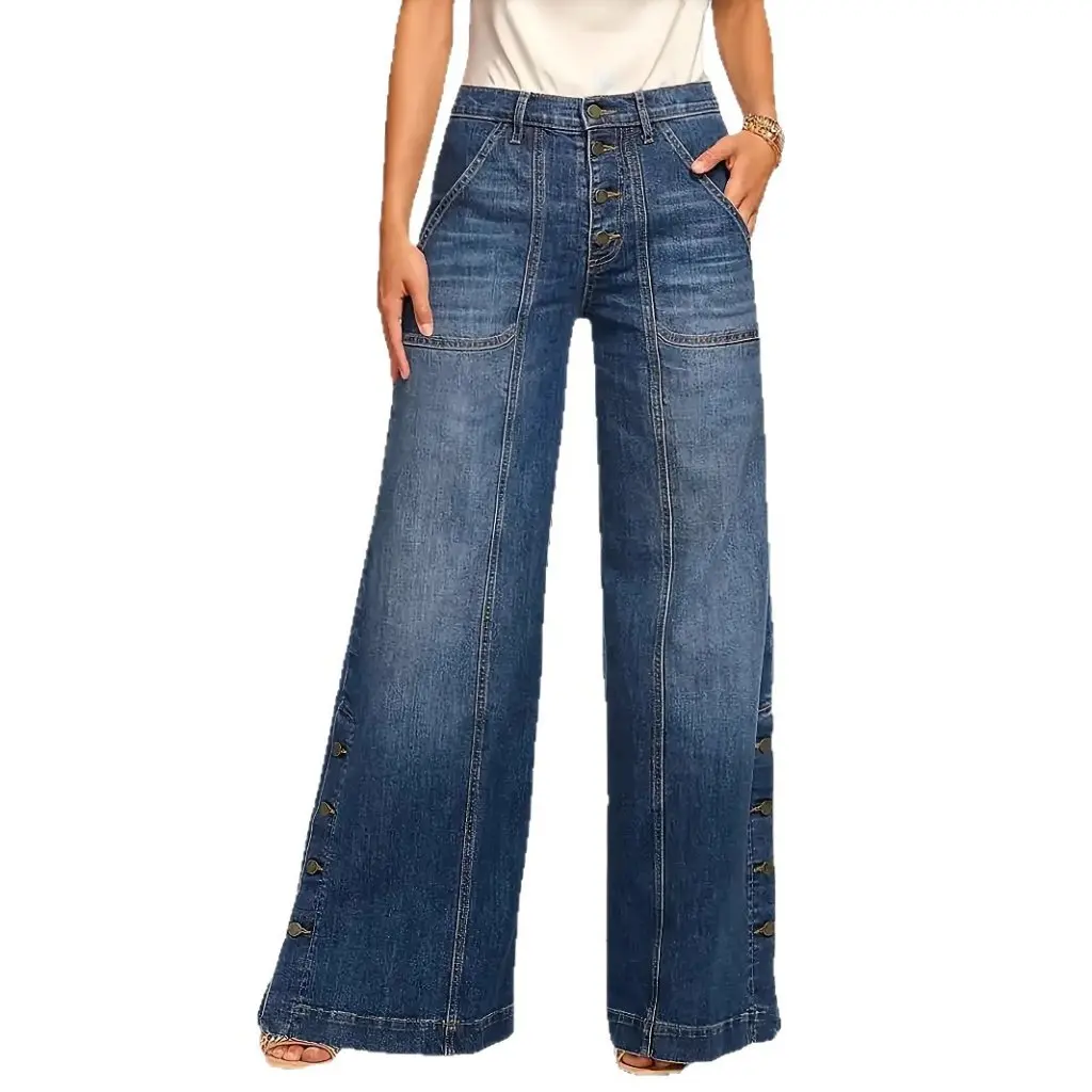 Pantaloni lunghi da donna in denim elastico a vita media con bottoni lavati vintage di grandi dimensioni