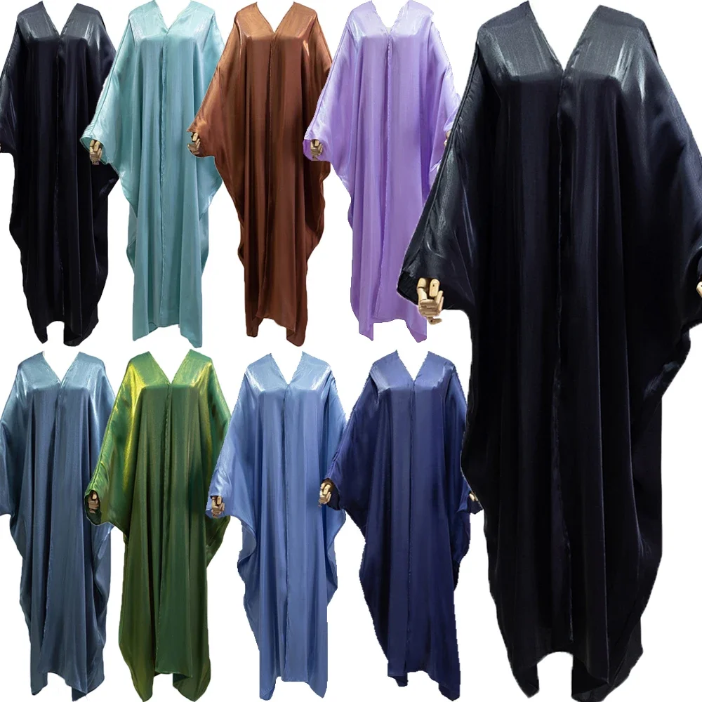

Muslim Fashion Bright Silk Satin Batwing Sleeve Open Abaya Solid Oversized Arab Dubai Moroccan Kaftan Corban Eid Al Adha Robe