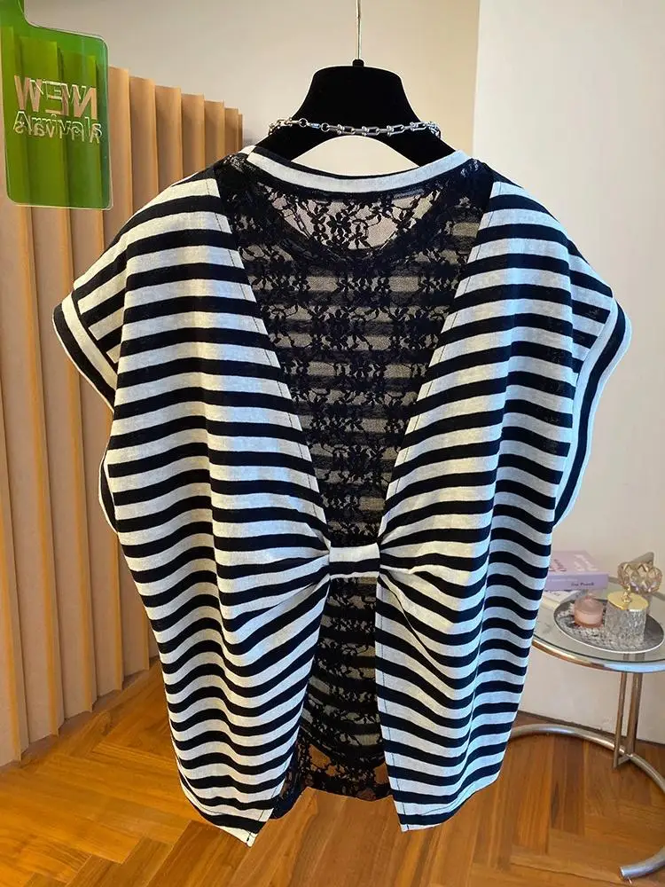 Women Euro Unique Backless T Shirt 2026 Summer Flutter Short Sleeve Lace Spliced Hollow Out Loose Designer Casual Tops Blouse