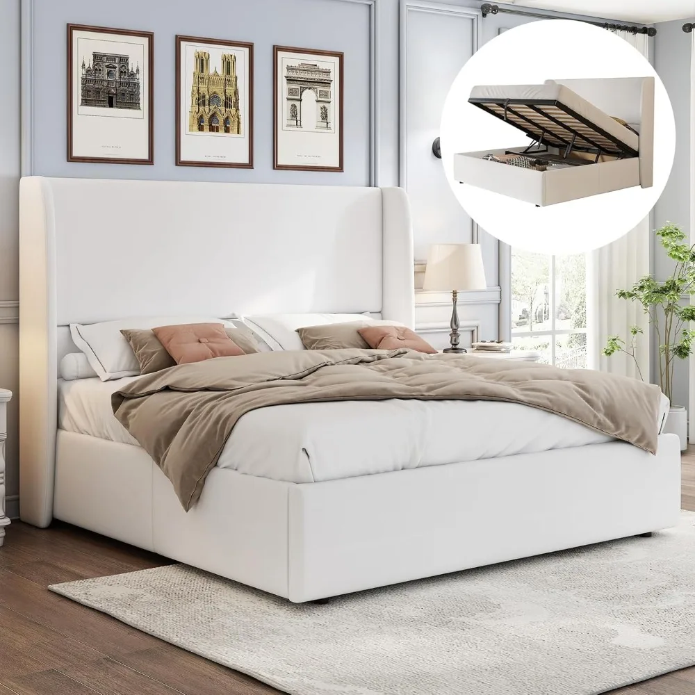 

King Size Lift Up Storage Bed Upholstered Platform Bed Frame with Hydraulic Storage/Modern Wingback Headboard/No Box Spring Need