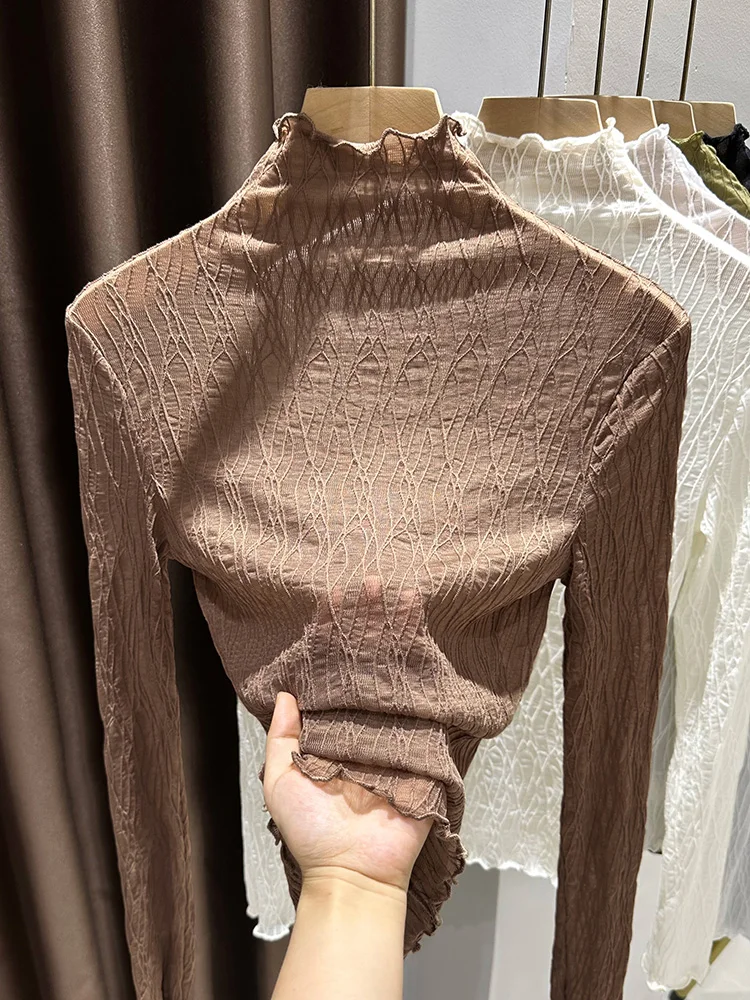 

Модный женский облегающий топ с высоким воротом и длинным рукавом Ele Coffee Lace Soft Long Sleeve Base Shirt, внутренняя одежда, юбка, тонкий топ