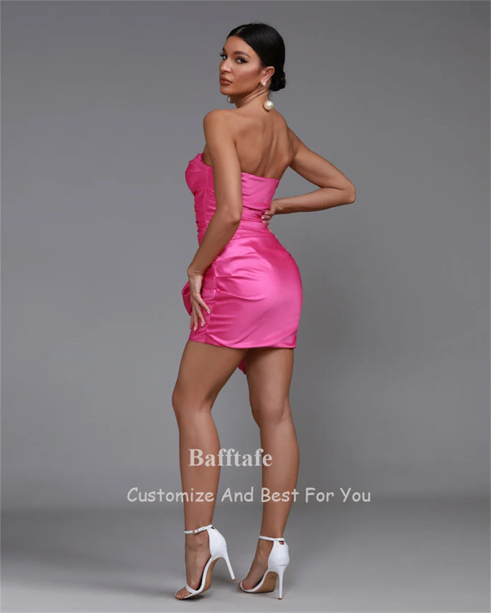 Bafftafe Fuchsia Above Knee Mini Prom Dresses Satin Bow Women Outfits Wear Sheath Cocktail Dress Formal Night Club Party Gowns