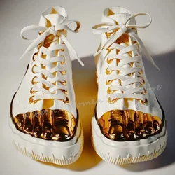 Five Finger Canvas Shoes Golden Brass Fashion Sexy Novelty Concise Luxury Women Shoes Newest Lace-Up Round Toe Height Increasing