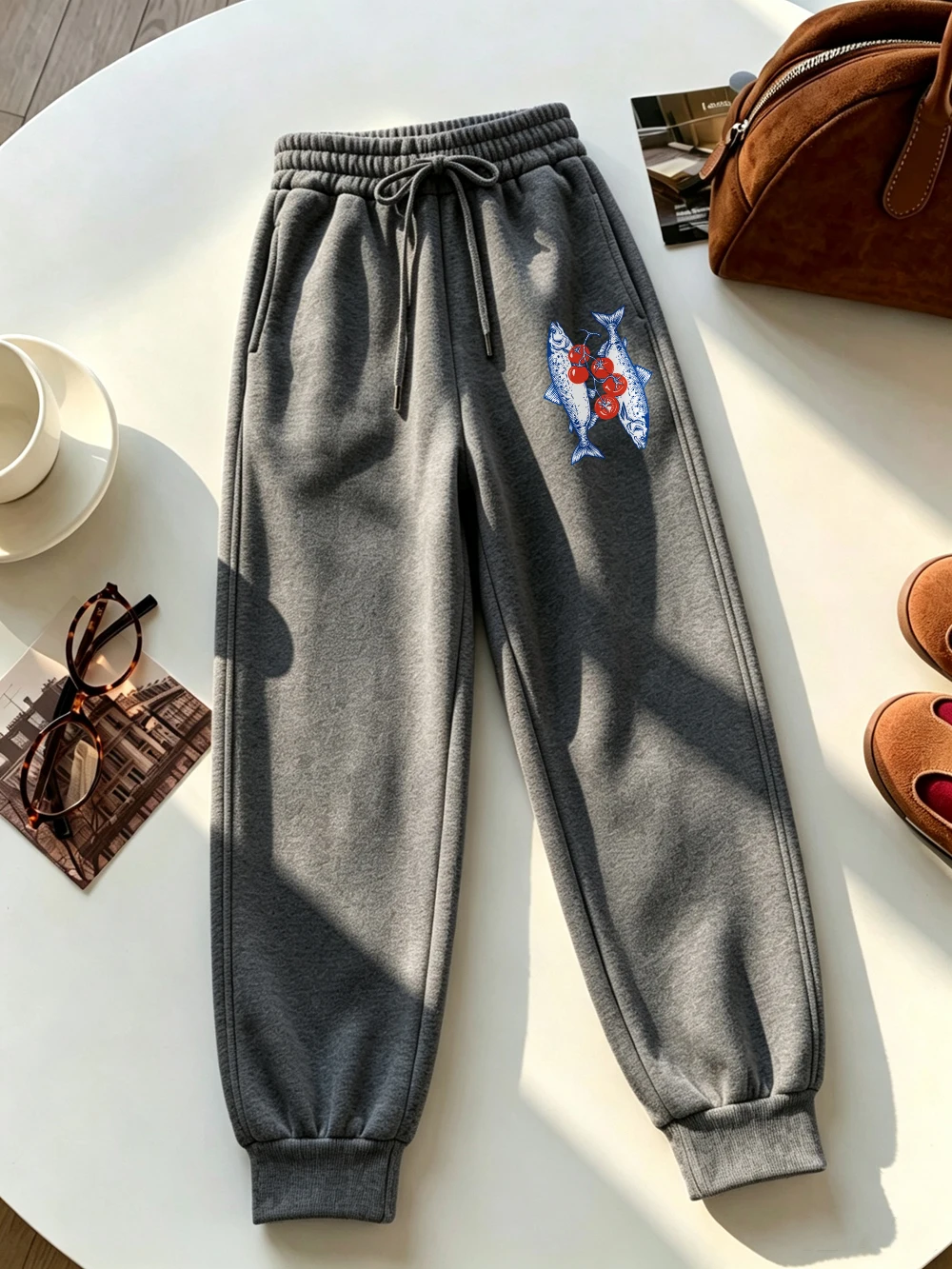 Funny Tomato Fish Printing Sweatpants Women Casual Pocket Trousers Autumn Loose Fleece Pants Basics Elastic Waist Woman Clothes