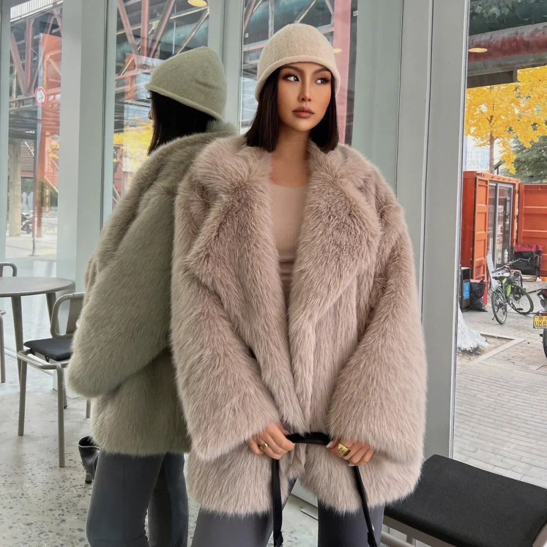 Autumn and winter hot sale imitation fox fur mid-length suit collar fur faux fur coat loose plush coat