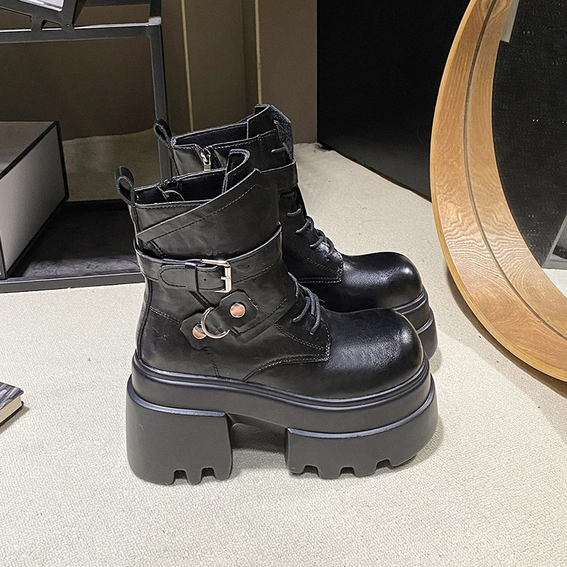 

10CM High Platform Gothic Boots Autumn Winter Leather Shoes Punk Street Cosplay Ankle Boots Belt Buckle Motorcycle Botas