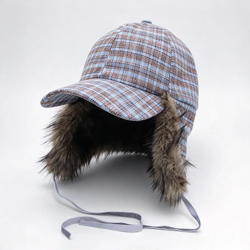 Korean Wool Plaid Spliced Duckbill Trapper Hat Men Women Fleece Lined Earflap Hat Cold Proof Warm Winter Bomber Hat Northeast