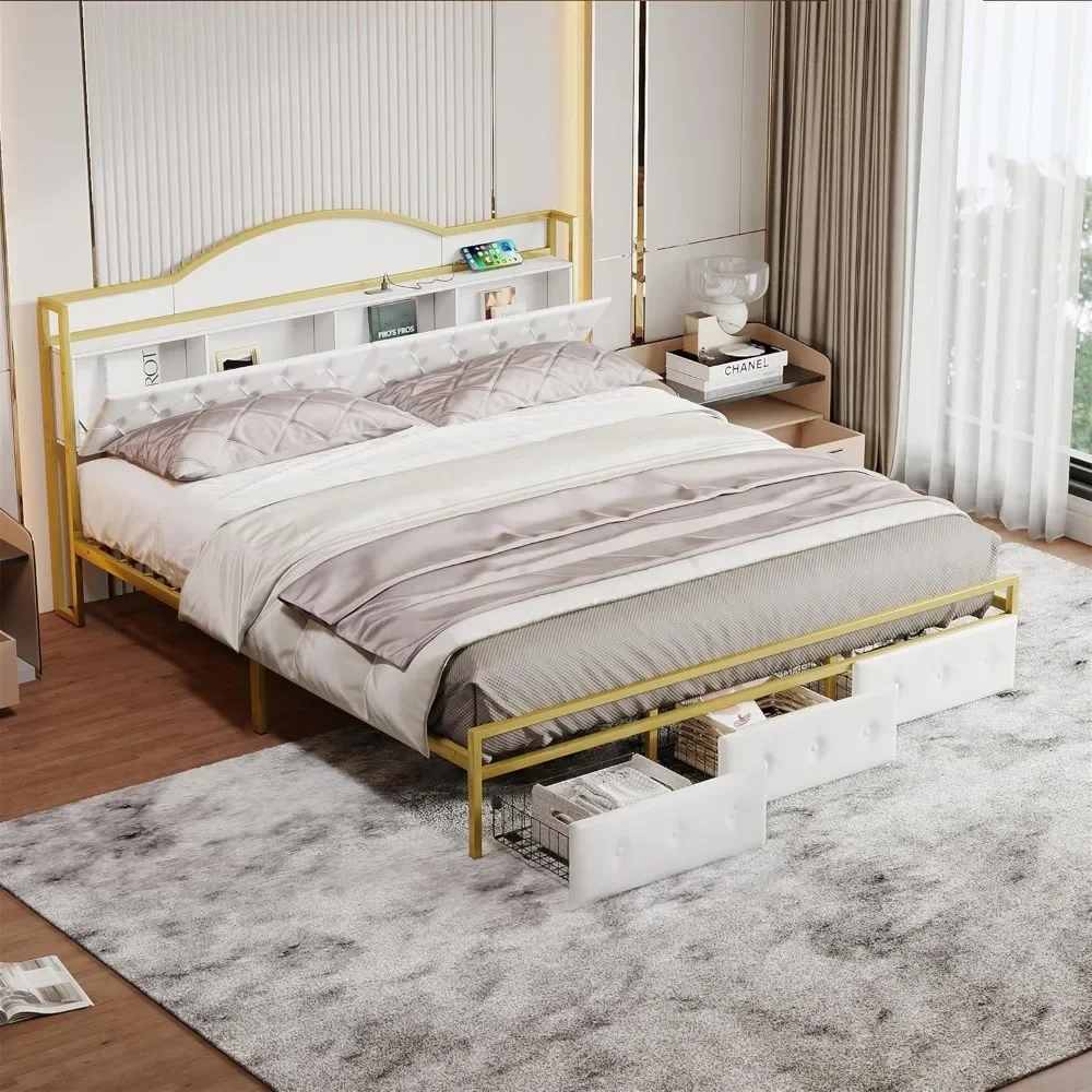 

Sturdy Metal Frame PU Upholstered Platform Bed with 3 Storage Drawers & USB Charging Ports– Noise-Free Easy Assembly for Bedroom