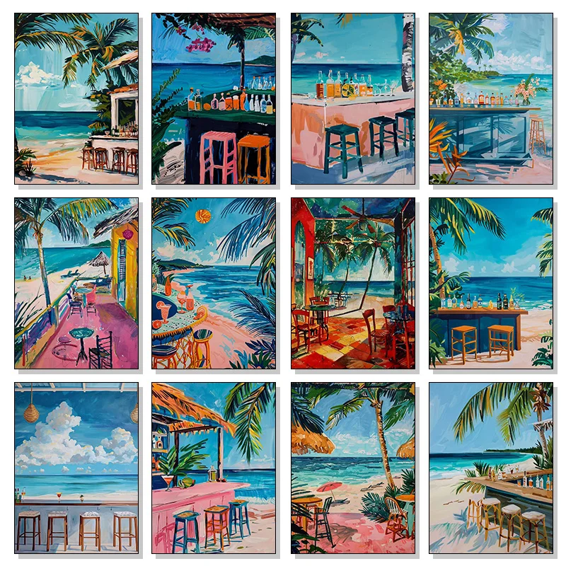 Karibische Strandbar Poster Tropische Cocktailbar am Meer Leinwanddruck Wandkunst HD-Bild für Raumdekoration Gerahmt