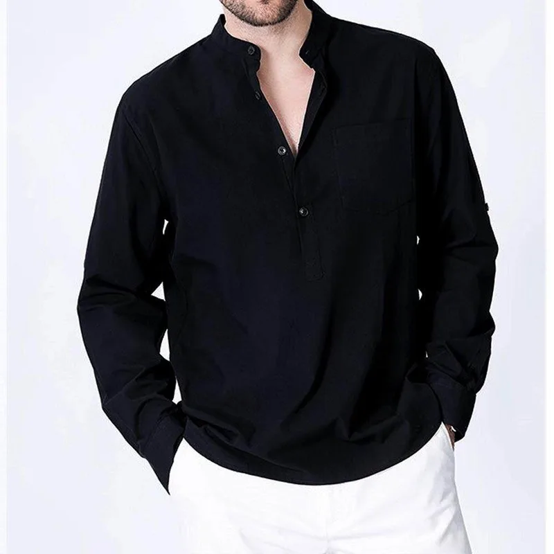 

Trendy Mens Stand up Collar Semi Open Long Shirt Cotton 100% Thin Summer Casual Wear for Youth Chinese Production