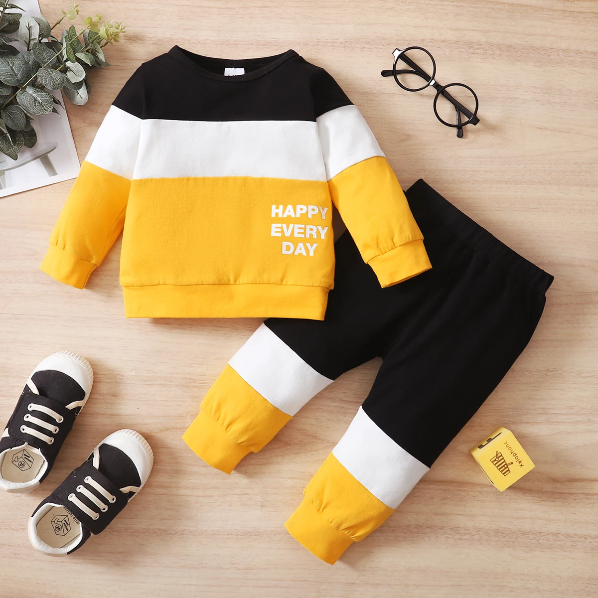 Mannelijke Baby Set Ronde Hals Kleur Geblokkeerde Lange Mouw + Broek 2 Stks/set 0-24 Maanden Mannelijke Baby Herfst Stijl Set