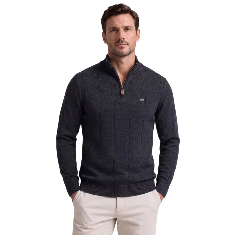 Chic Men Zip Stand Collar Sweater Striped Cotton Knit Pullover Warm Soft Long Sleeve Jumper For Autumn Winter Daily Outfit