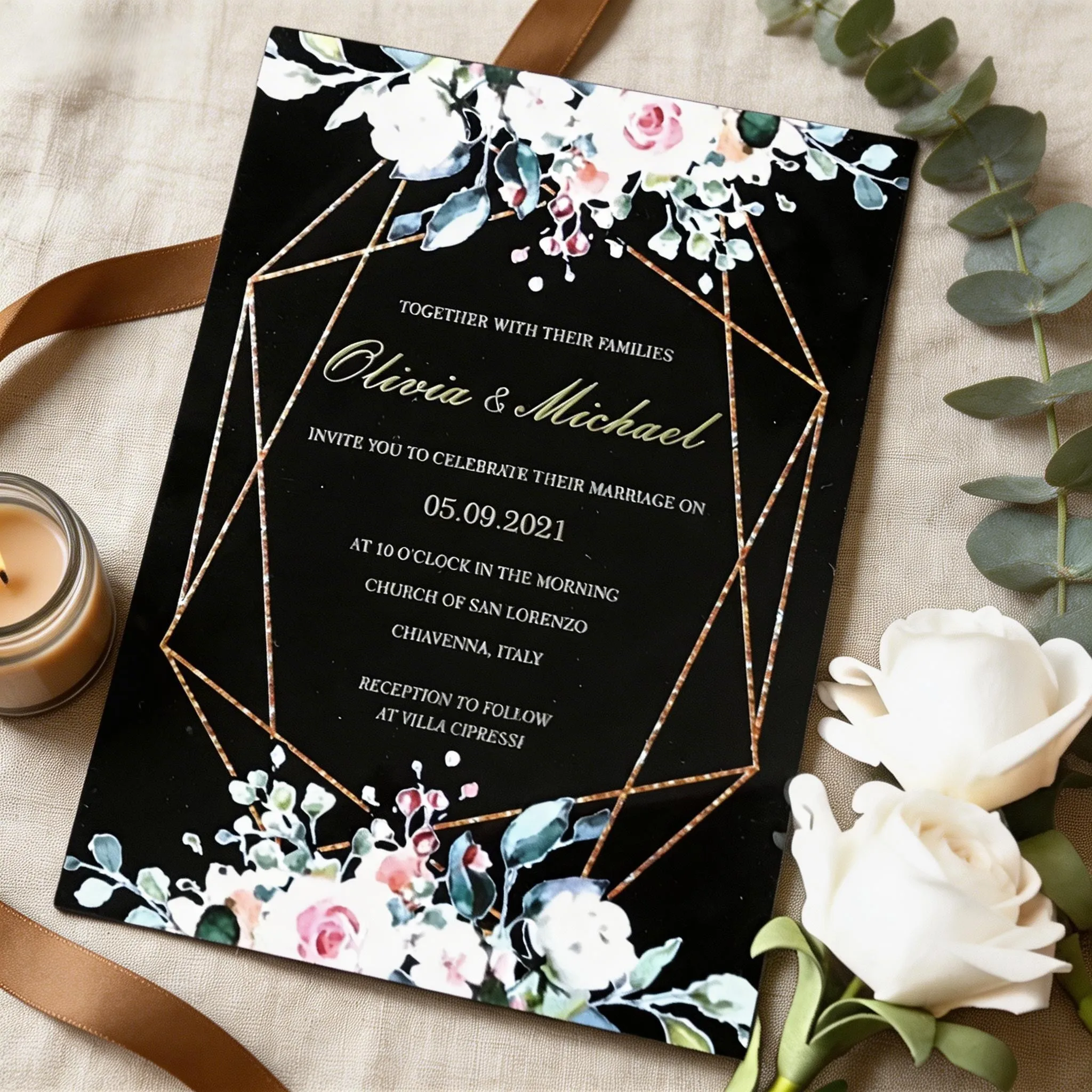 

Black Acrylic Wedding Invitation Cards,10pcs Custom Floral Dinner Menu,Personalized Birthday Greeting Cards,Party Gift Favor