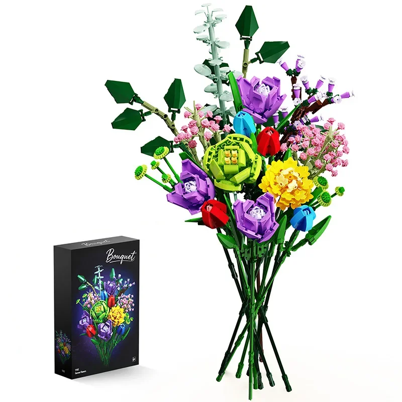 Kit de briques de bouquet romantique 967 pièces, plusieurs types de fleurs, jouets éducatifs, décoration de table de salon, ornement, cadeaux de vacances