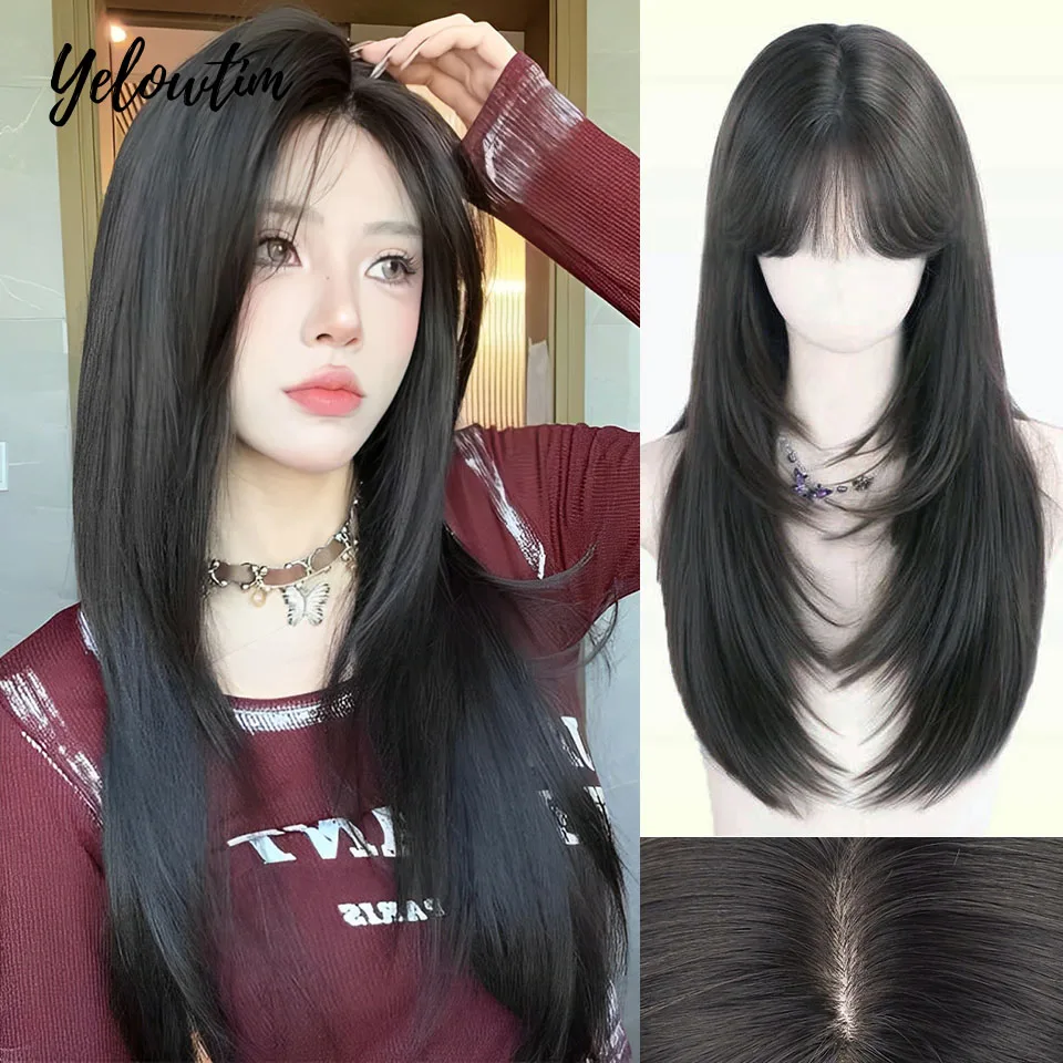 

Yelowtim Long Straight Black Brown Wigs with Neat Bangs Synthetic Natural Fake Hair Wig for Women Daily Cosplay Party Wigs