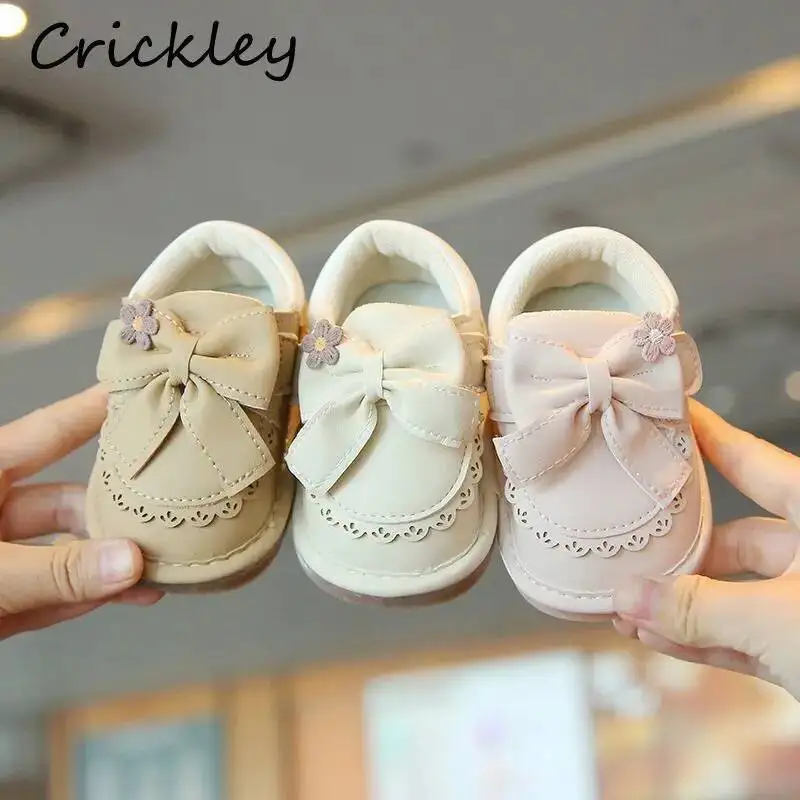 

Solid Bow Kids Casual Shoes Princess PU Leather Baby Girls Flats Shoes Hook Loop Soft Toddler Children First Walk Shoes