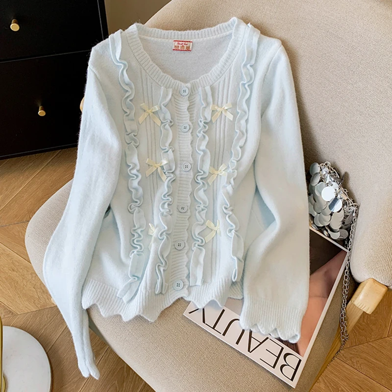 

Вязаный кардиган в японском стиле с милым бантом, женский осенне-зимний новый свитер с длинными рукавами и рюшами, повседневная милая шикарная верхняя одежда на пуговицах