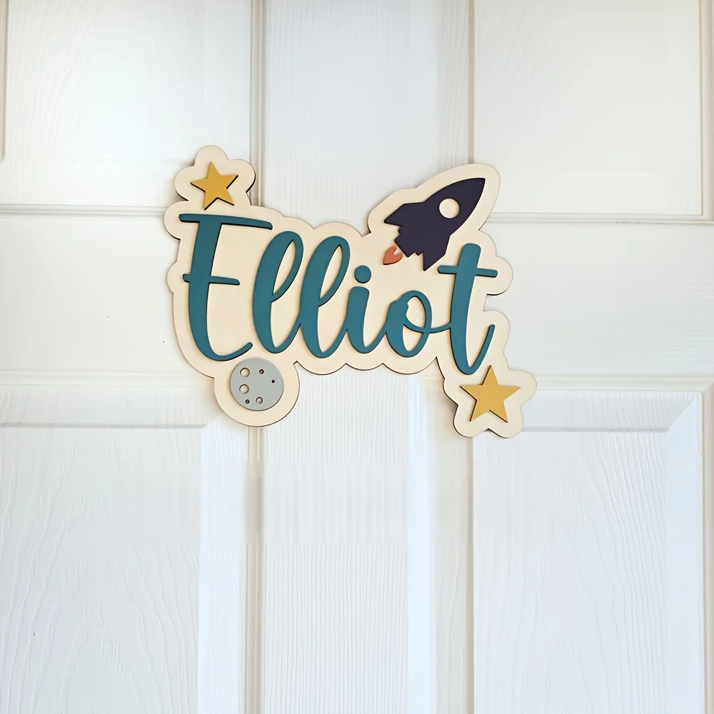 Personalized Space-Themed Room Sign - Customizable Name with Green Letters and Blue Rocket, Wooden Easy-to-Install Door Hanging image 6