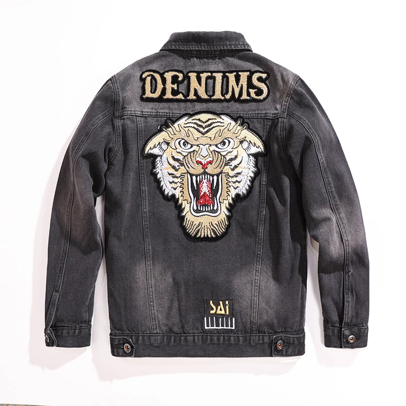 

2024 Spring New Men'S Denim Jacket Fashionable Tiger Head Embroidered Print Outdoor Motorcycle Style Casual Slim Fit Top Jacket