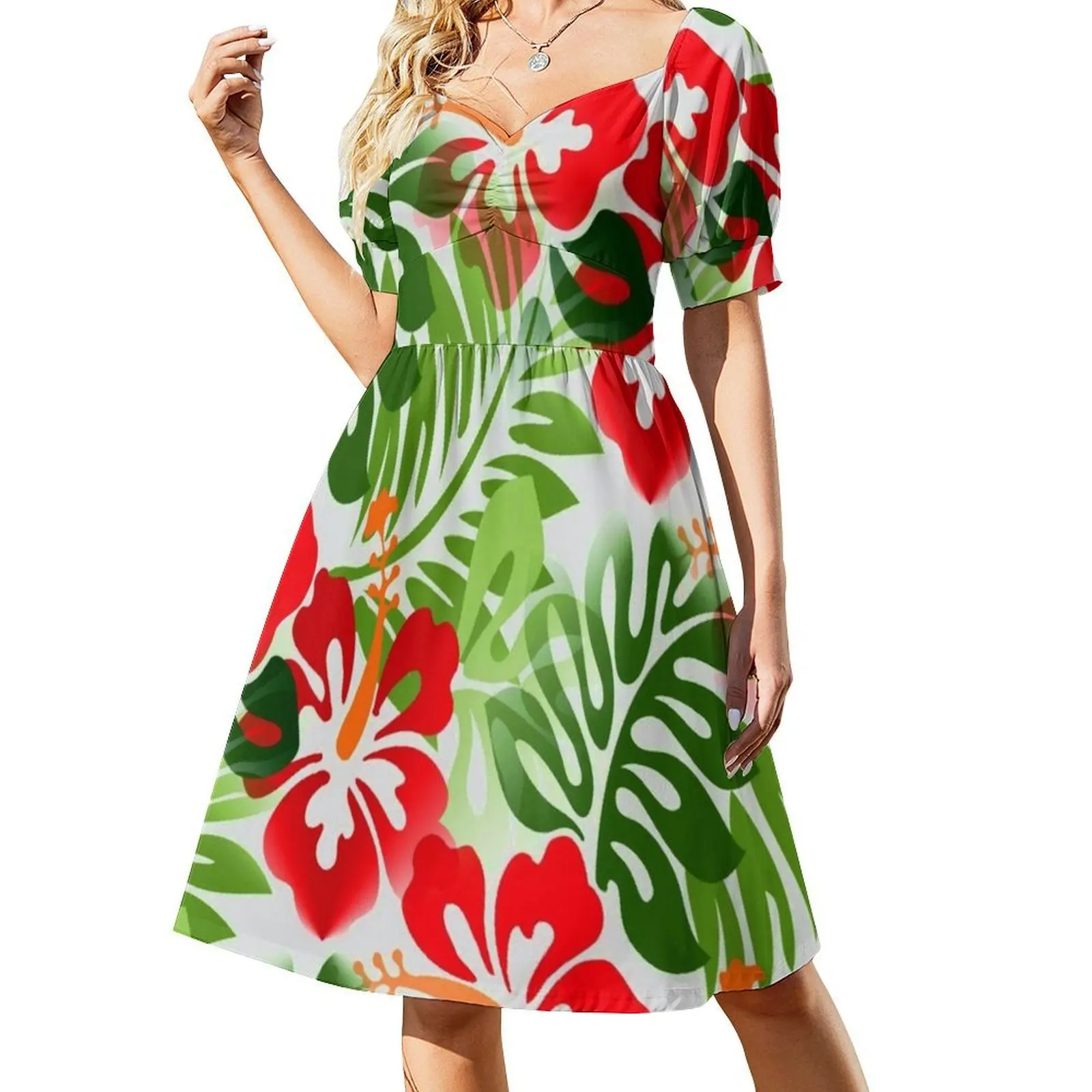 Minivestido hawaiano con estampado de flores tropicales, rojo, verde, estilo Preppy, corte en A, corte holgado, informal, para el día, hawaiano