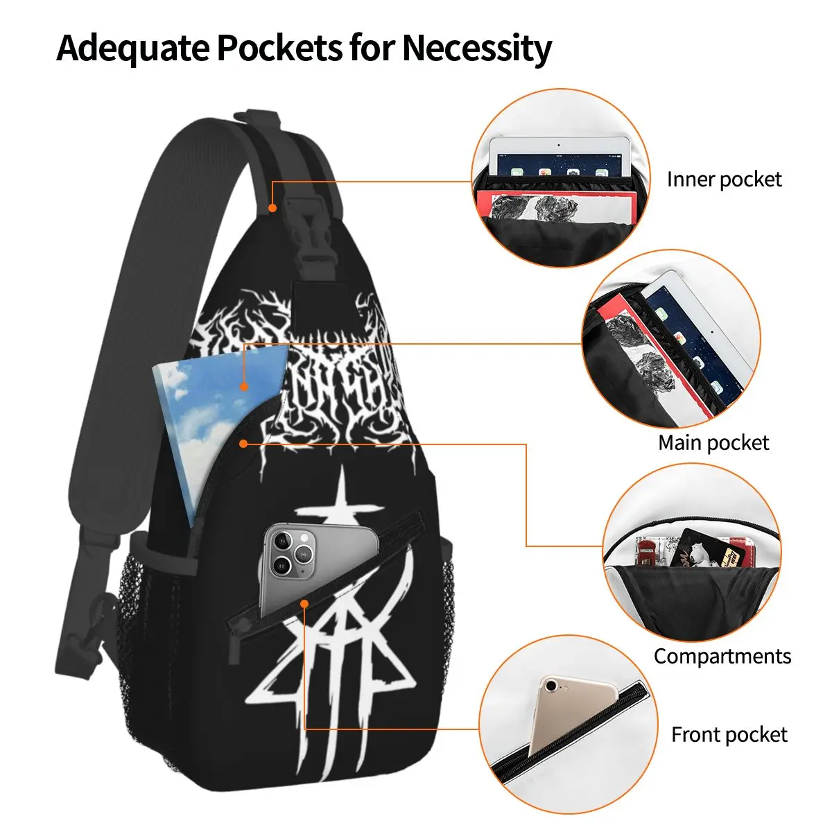 Lorna Shore-unsterbliche kleine Schulter taschen Brust Cross body Schulter rucksack Outdoor Wandern Tages rucksäcke Death Metal Pattern Pack