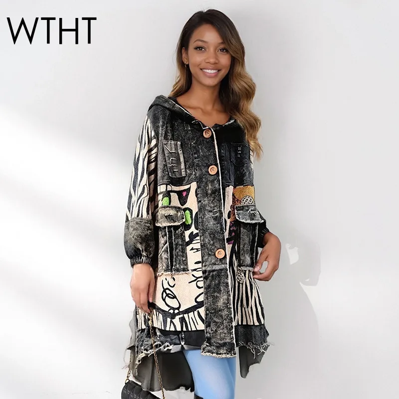 

WTHT новая модная женская джинсовая куртка с нерегулярным лоскутным принтом, длинная куртка с капюшоном, зима 2025, однобортное свободное пальто, женское 1LS2581