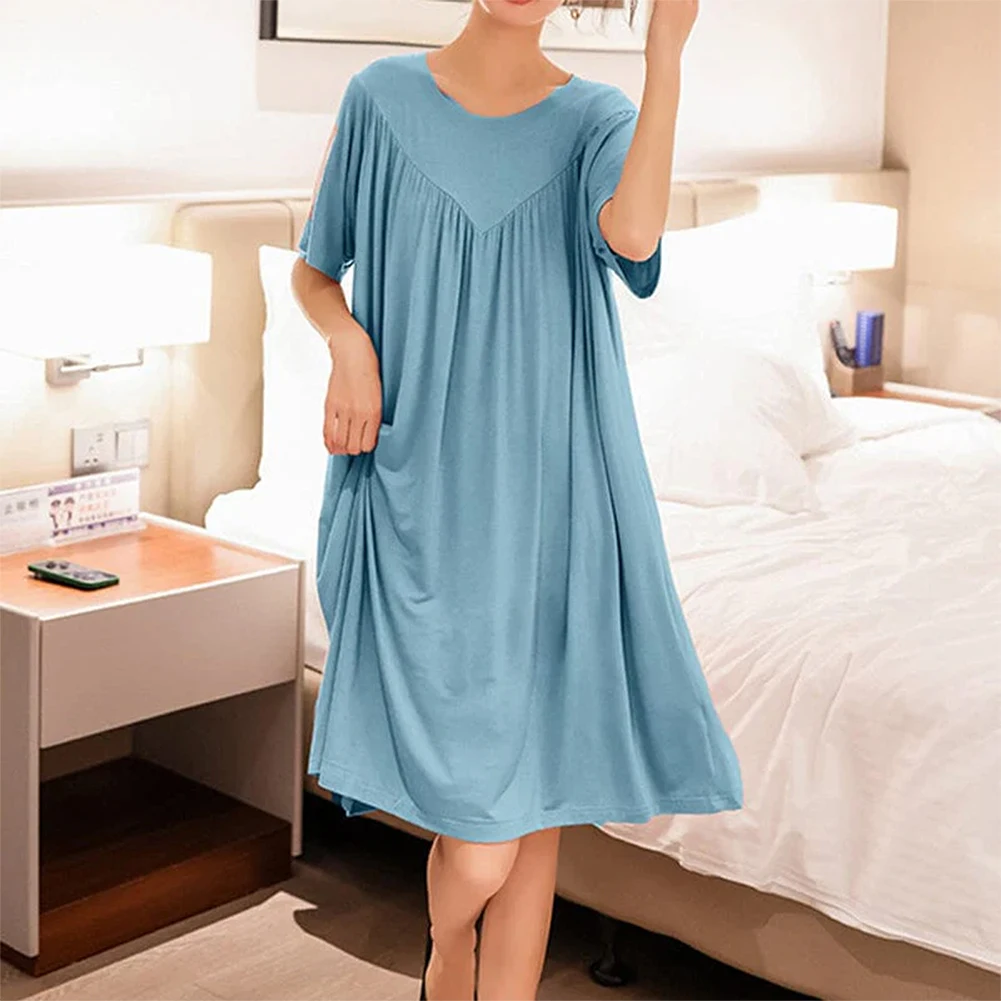 Summer Simple Round Dress Comfort Loose Skin-Friendly Breathable Relaxing Long Pajama Dress For Women\'s Lounging Clothes Gift