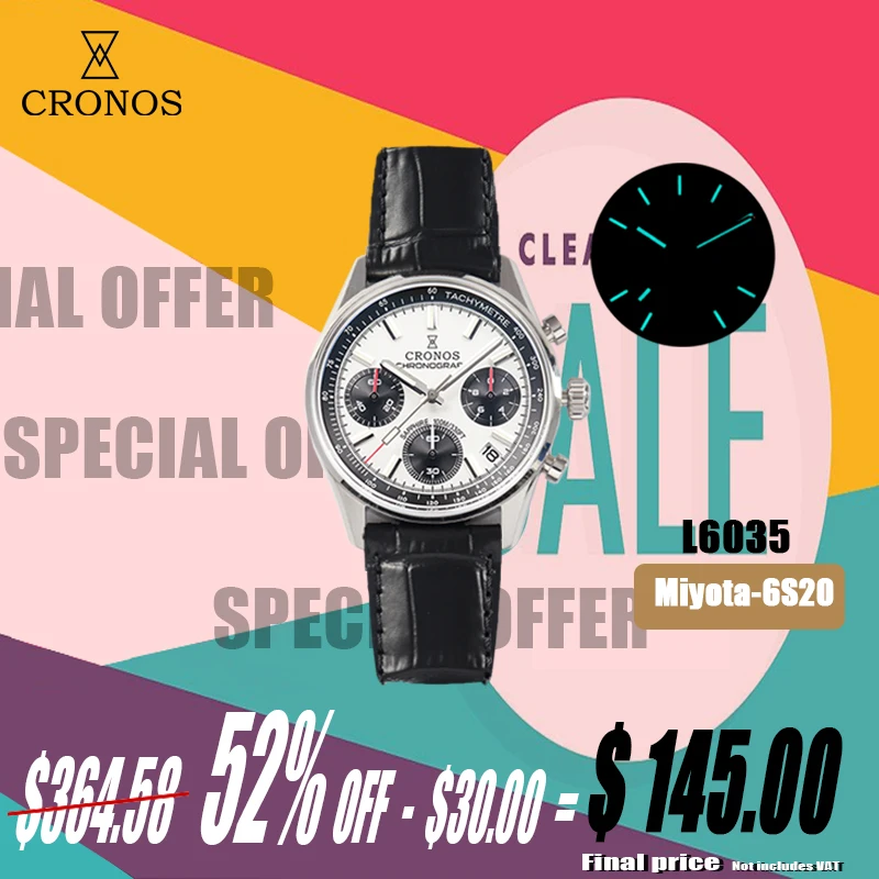 Cronos New Chronograph Quartz Men Watches Miyota 6S20 38.5mm Black&wWhite Panda Dial Sapphire Waterproof 10Bar BGW-9 L6035