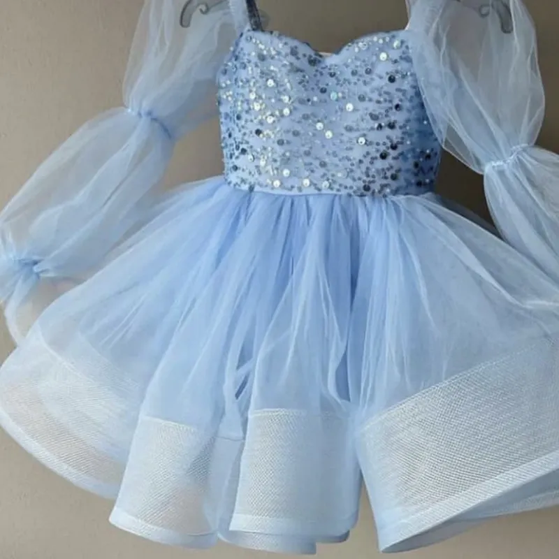 Fashion Baby Girl Princess Sequins Tutu Dress Long Puff Sleeve Child Mesh Vestido Wedding Party Birthday Xmas Baby Clothes 1-12Y