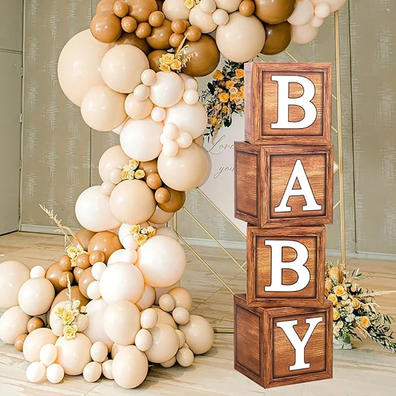 

4pcs Baby Letter Balloon Box Brown Woodden Balloon Box Birthday Party DIY Decor for Baby Shower Jungle Theme Birthday Decor