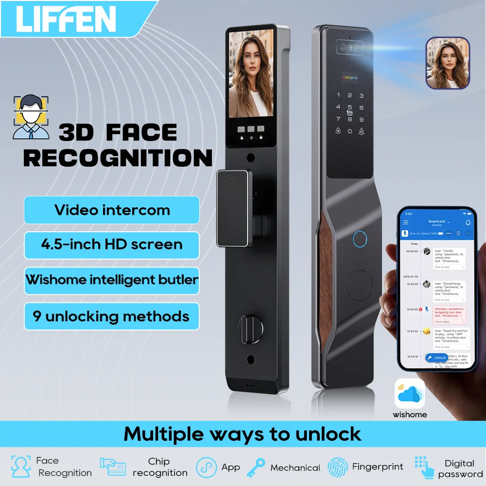 

Цифровой замок Wishome APP с распознаванием лиц 3D, видеозвонком, голосовым домофоном и автоматической блокировкой двери