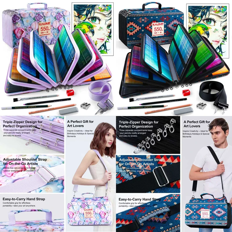 

Набор цветных карандашей KALOUR 550 цветов профессионального качества, полный художественный набор в дорожном футляре, с блендером и ластиком для эскизов и профессионального рисования