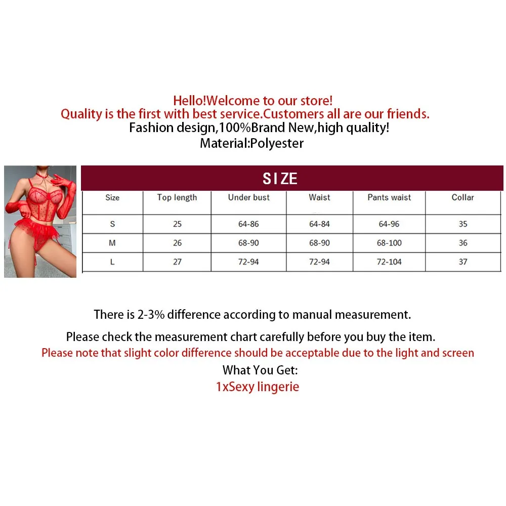 ECTOOKO 3-Pieces Red Bra See Through Mesh Lingerie For Women With Chain Decorated Fairy Erotic Set Sexy Panty Underwear Set