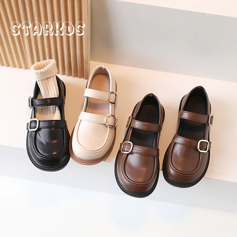 Classic Buckle Strap School Shoes Girls Retro British Style Leather Mary Janes Kids Autumn Soft Flat Loafers