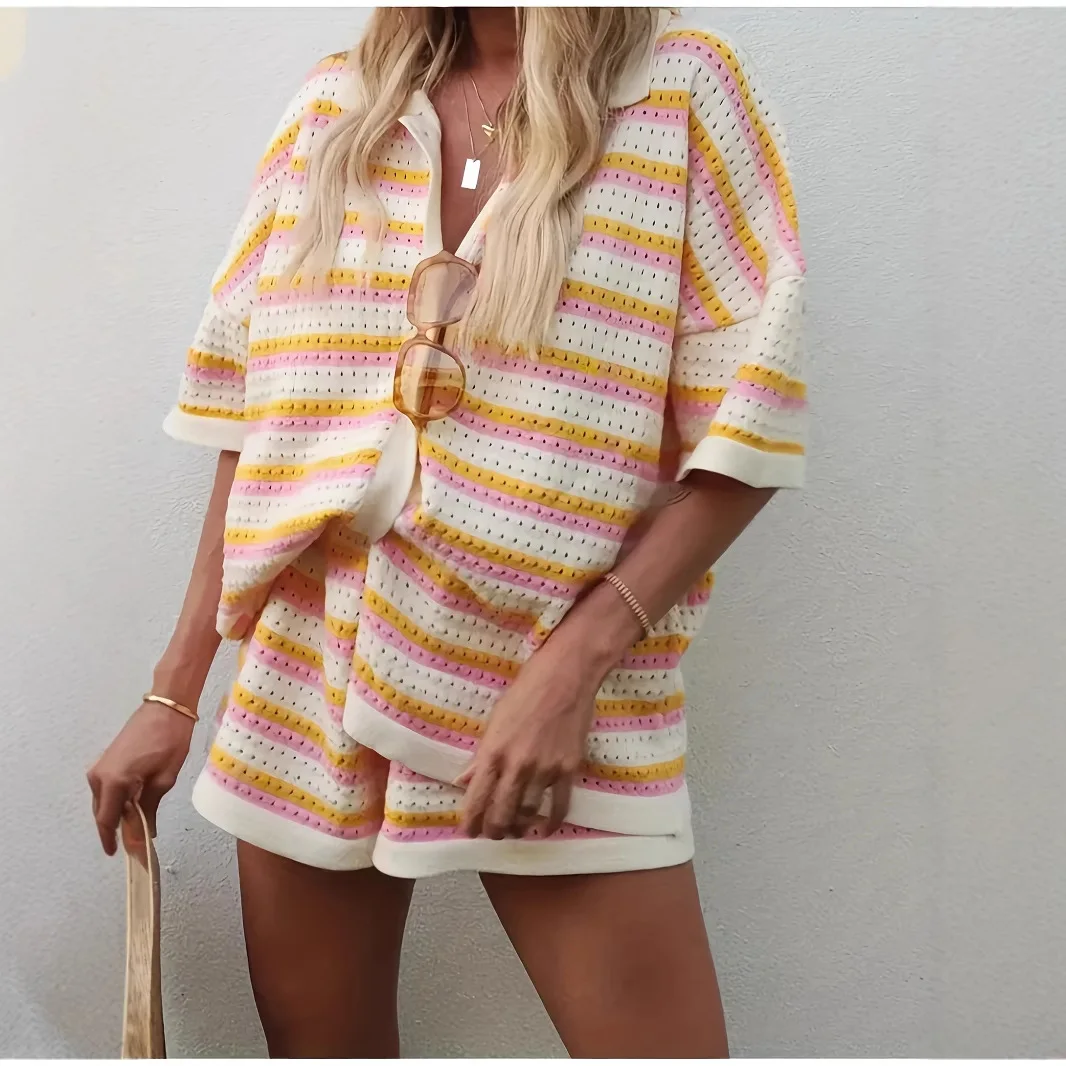 

Women's Summer New Loose Collared Hollow Fashion Striped Single Breasted T-shirt Shorts Set Vacation Two-piece Set