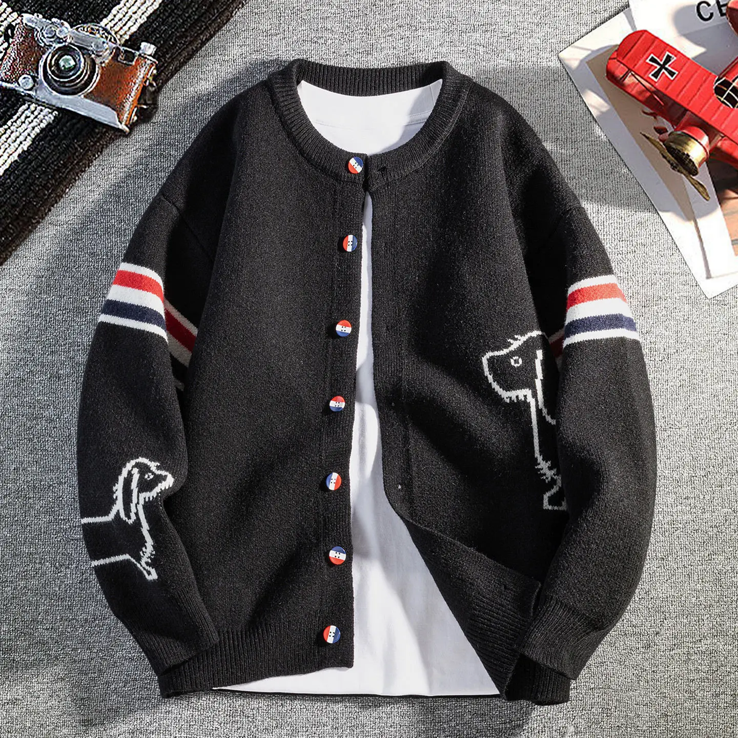 Trendy Knitted Cardigan Autumn Winter Cartoon Dog Print Korean Casual Men's Round Neck Luxury Brand Classic Striped Sweater Coat
