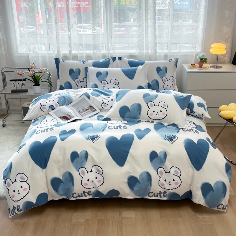 Rabbit Blue Heart Kids Duvet Cover Set 100% Cotton Bedding for Boys Girls Teens Cartoon Bunny Cute Comforter Cover 2 Pillowcase