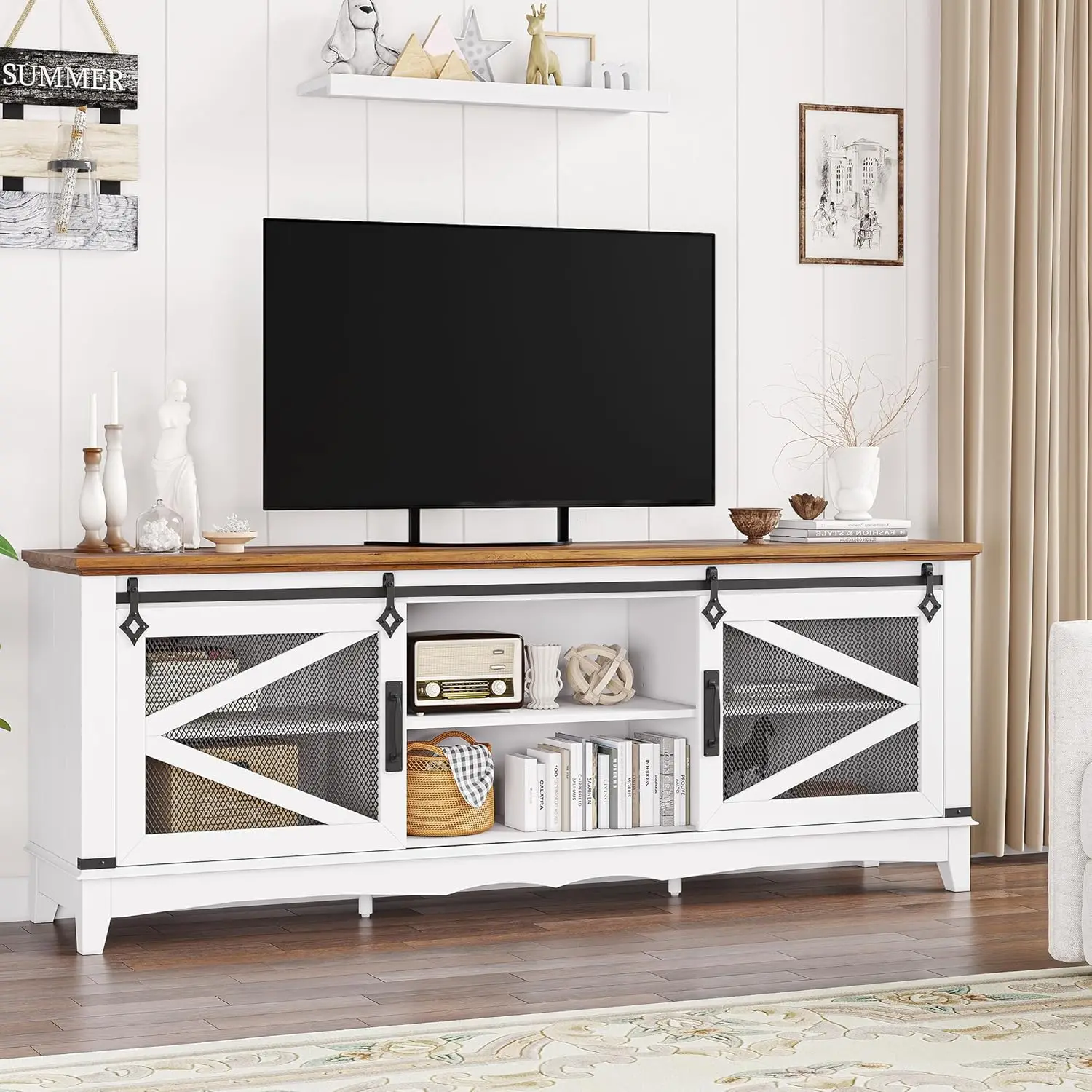 Farmhouse TV Stand for 65+ Inch TV Entertainment Center TV Media Console Cabinet Barn Doors TV Stand with Storage and Shelves