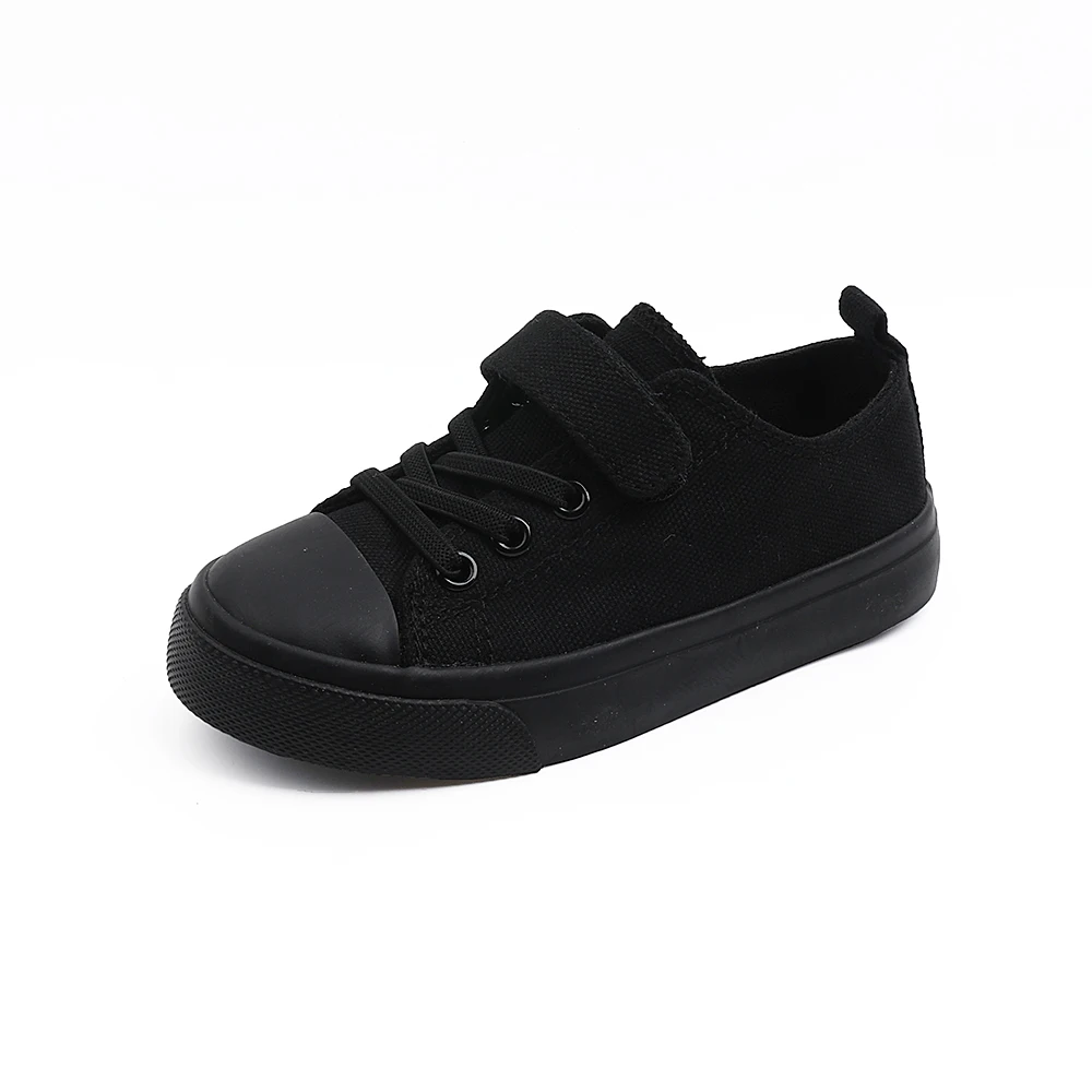 COMFY KIDS Kids 3-12 Years All Black Minimalist Low Top Canvas Shoes Adjustable Strap Breathable Fabric Kick-Resistant Toe All-Season Wear School Casual Shoes