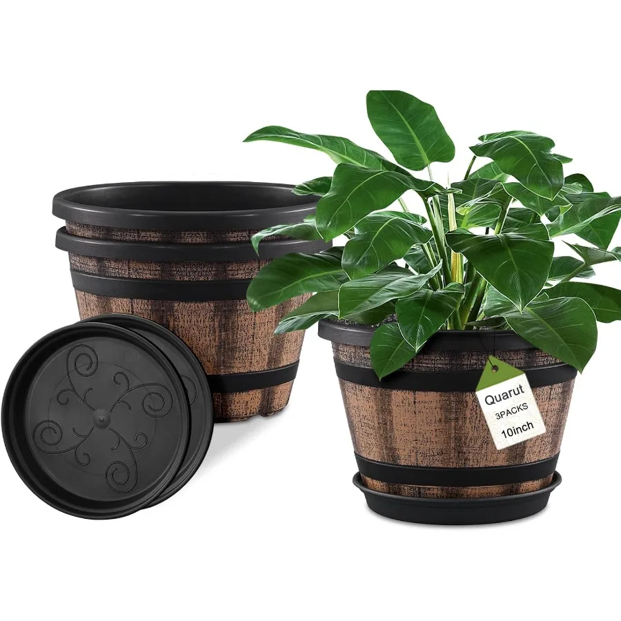 

3 Pack 10 inch Plant PotsWhiskey Barrel Planters with Drainage Holes Saucer Plastic Dration Flower Pots Imitation Wine Barrel D