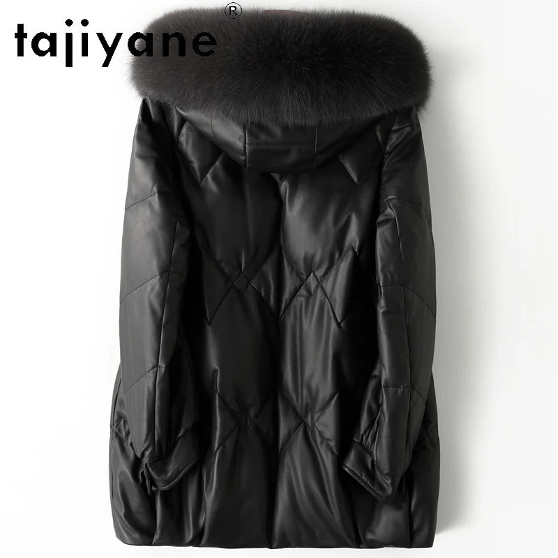 TAJIYANE 100% أعلى الحبوب جلد الغنم أوزة أسفل معطف أسود جلد حقيقي سترة منفوخة النساء مع الثعلب الفراء طوق 2025 الملابس الشتوية