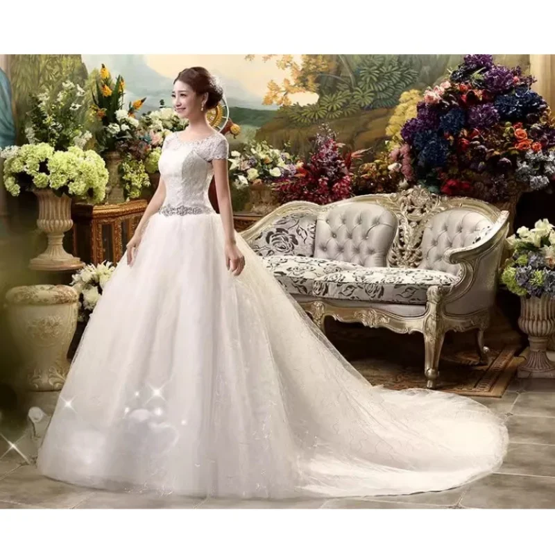 Vestidos de novia blancos baratos, cuello redondo, mangas cortas, encaje de cristal, Princesa, longitud hasta el suelo, talla grande, lentejuelas, vestidos de novia