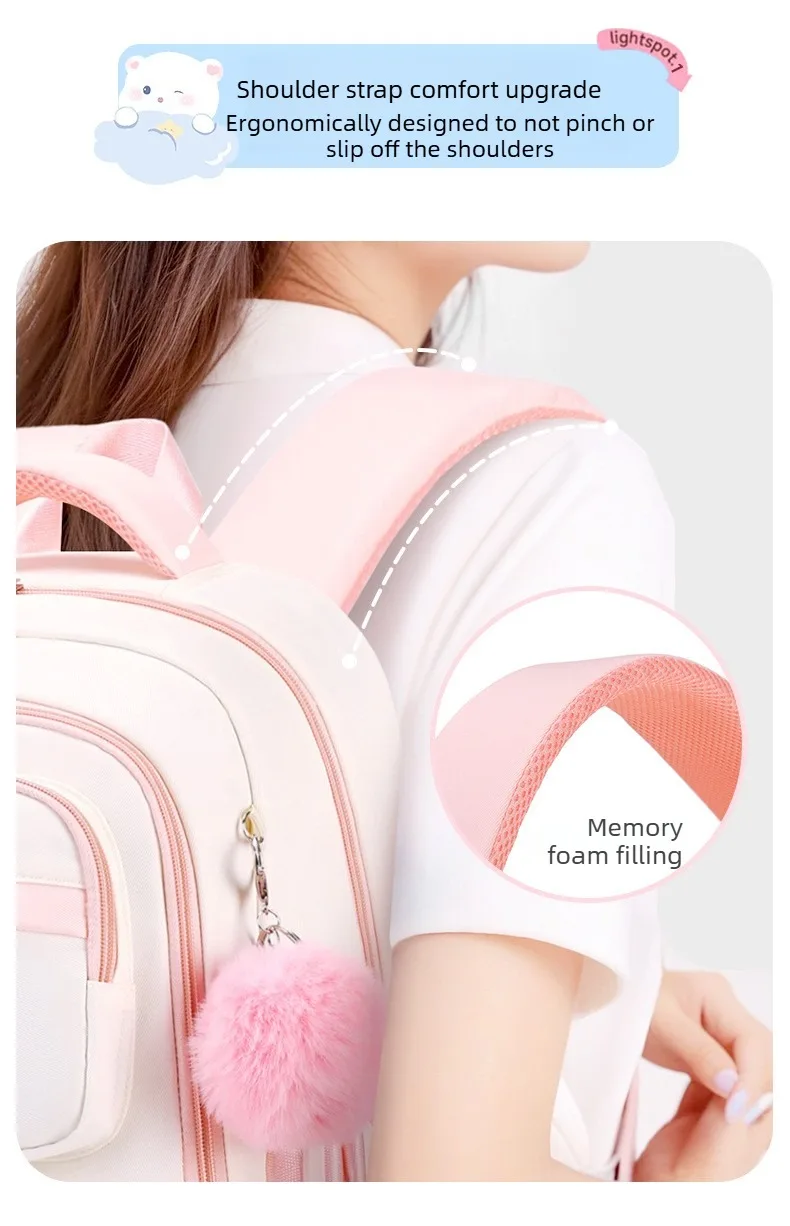 Primary Middle School Backpack for Girls Cute Backpack for School Pink School Bag for Teen Girls with Star Pins Furry Pendant